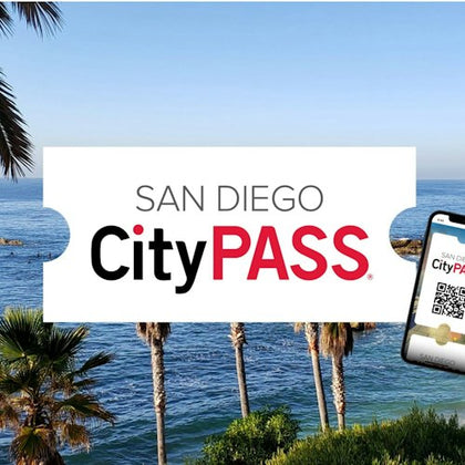 Palm trees and ocean in the background with "San Diego CityPASS" text and a smartphone displaying the CityPASS QR code.