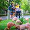 Three people smile and look at a guide near a fence, with several flamingos in the foreground and greenery in the background.