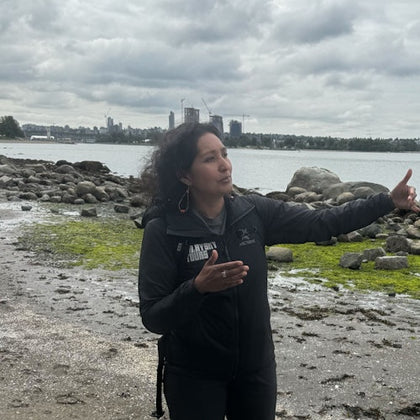 A person standing on a rocky shore under a cloudy sky, gesturing with their hands. A city skyline is visible across the water.