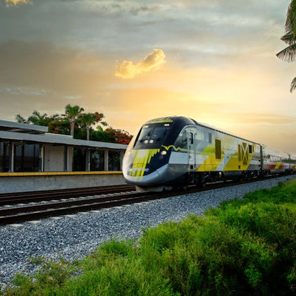 A modern passenger train passing by a station at sunset with greenery and palm trees nearby.
