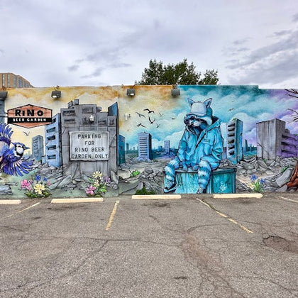 A colorful mural featuring a raccoon in a blue hoodie sitting amidst an urban scene with flowers and buildings under a cloudy sky.