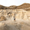 Two people stand on a rocky, eroded landscape with striated formations, under a light sky.