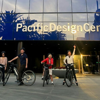 Enjoying golden hour in front of the Pacific Design Center