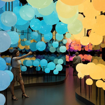 A woman interacts with a colorful installation of illuminated orbs in a dark room, with another person in the background.