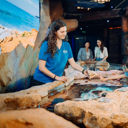 A woman in a blue uniform interacts with visitors at a touch tank in an aquarium with rocks and a mural background.