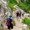 A group of people walking down a rocky, forested hiking trail surrounded by greenery and large boulders.