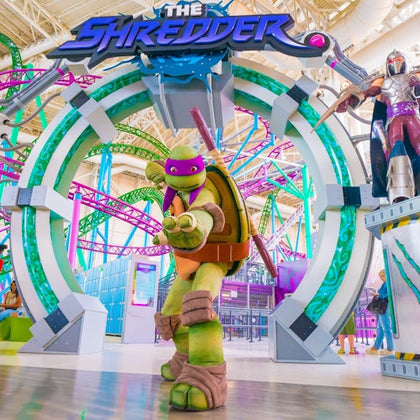 A costumed character resembling a ninja turtle poses in front of a colorful arch with the sign "The Shredder."