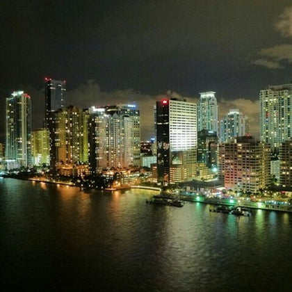 A captivating city skyline lit up by vibrant lights against the dark sky.