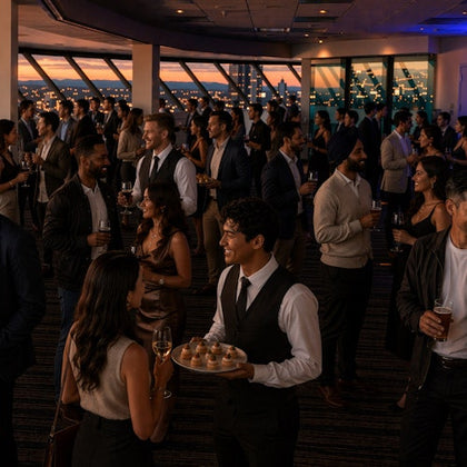 A crowded social gathering in an elegant indoor setting with large windows overlooking a cityscape at sunset.