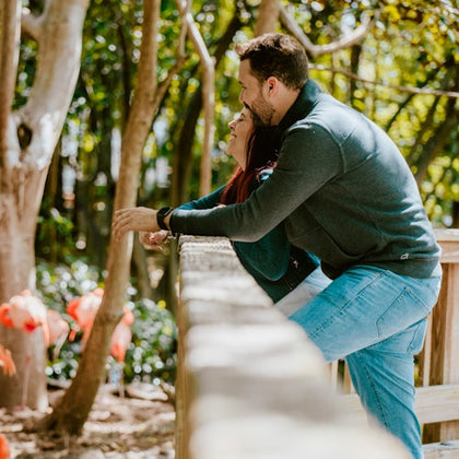 A couple leans on a wooden railing, laughing and looking at flamingos in a lush, green park.