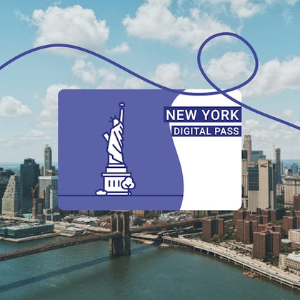 Illustration of the Statue of Liberty on a "New York Digital Pass" card, over a city skyline with bridges and buildings.