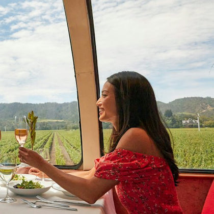 A woman in a red dress holding a glass of wine, sitting at a table with a salad, enjoying a scenic view of vineyards.