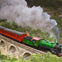A green steam locomotive pulling red passenger cars crosses a stone bridge surrounded by lush greenery.