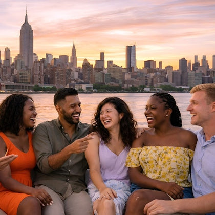 A group of friends laughing together on a waterfront with a city skyline and sunset in the background.