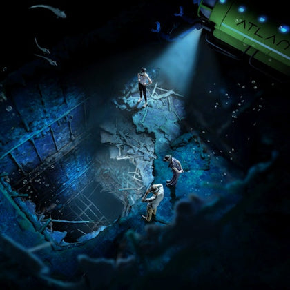 Three divers explore a sunken shipwreck illuminated by a yellow submarine’s spotlight underwater.