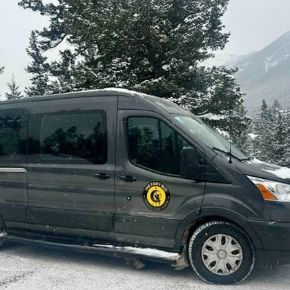 A black van with a logo parked on a snowy road, surrounded by snow-covered trees and mountains in the background.