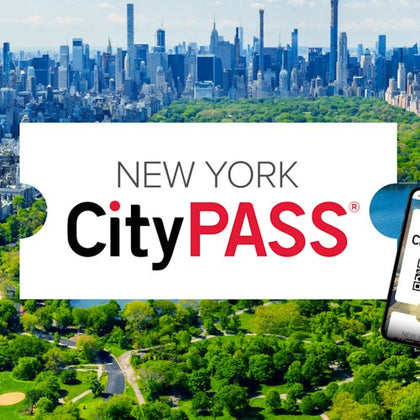 "New York CityPASS" text above a skyline with a mobile phone displaying a digital pass.