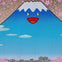 A stylized depiction of Mount Fuji with a smiling face, surrounded by cherry blossoms, clouds, and waves in a colorful setting.