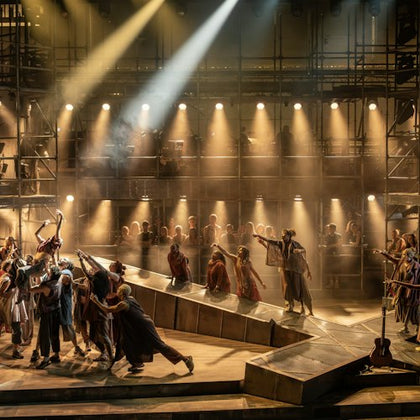 A theatrical stage scene with actors in costumes performing under dramatic lighting, with a spotlight highlighting them.