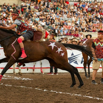 Riders on decorated horses competing in a lively event with a large crowd watching in a stadium.