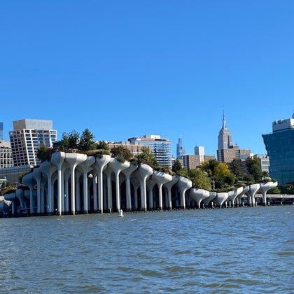 A waterfront structure with white, curved supports resembling tulips, set against a cityscape with tall buildings under a clear sky.