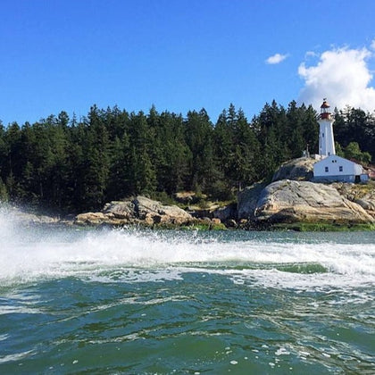 A white lighthouse on rocky shore surrounded by trees under a clear blue sky, with waves splashing in the foreground.