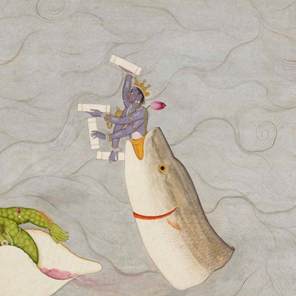 A stylized painting depicting a deity figure on a large fish emerging from water, with flowing patterns in the background.