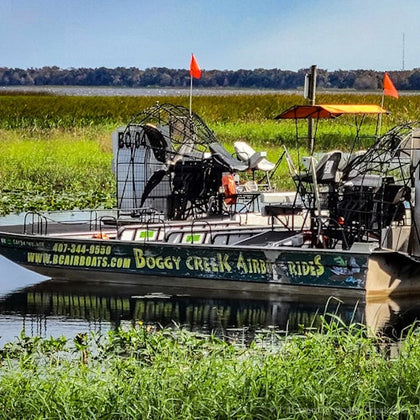 Airboat titled "Boggy Creek Airboat Rides" docked on water surrounded by marshland with tall grasses, orange flags on poles.