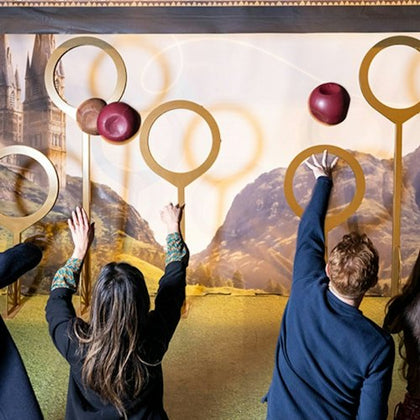 A group of people standing in front of a backdrop with hoops, throwing balls, resembling a Quidditch-themed activity.