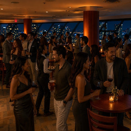 A lively evening gathering at a rooftop venue with city lights visible through large windows. People chat and hold drinks.